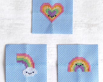 3 mini Kawaii Rainbow cross stitch patterns, Digital Download