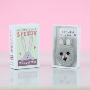 Je vous souhaite un prompt rétablissement Lapin en feutre de laine dans une boîte d'allumettes, cadeau de rétablissement, carte de rétablissement
