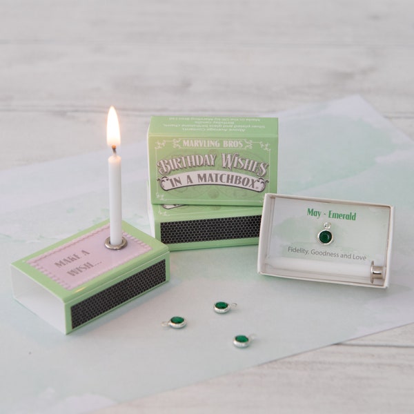 Birthstone Gift - May Emerald & Birthday Candle in a matchbox