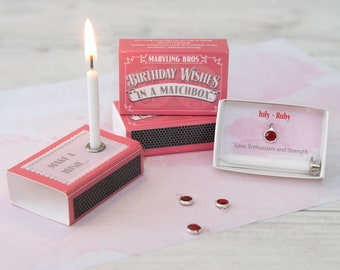 Juli Birthstone cadeau in een Matchbox, verjaardagscadeau voor haar, verjaardagskaart voor haar, Ruby Birthstone charme, Birthstone sieraden