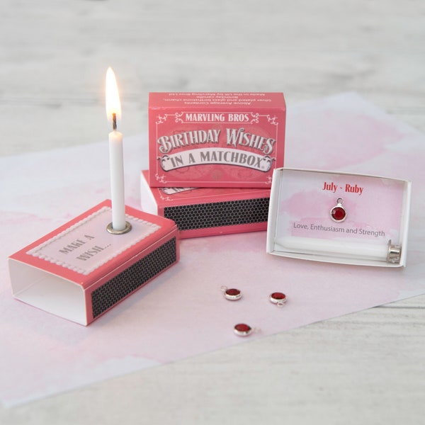 July Birthstone Gift In A Matchbox, Birthday Gift For Her, Birthday Card For Her, Ruby Birthstone Charm, Birthstone Jewellery