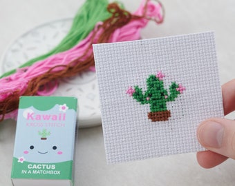 Kawaii Cactus Cross Stitch Kit In A Matchbox, Mini Cross Stitch, Cactus Gift, Best Friend Gift