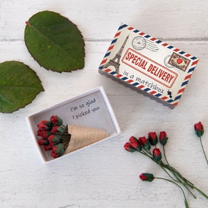 A Dozen Red Paper Roses Miniature Bouquet In A Matchbox, Valentines Gift For Her, Alternative Valentines Card, Love Token, Gift For Partner