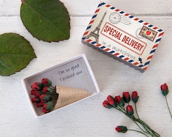 Ein Dutzend roter Papierrosen Miniatur-Blumenstrauß in einer Streichholzschachtel, Valentinstagsgeschenk für sie, alternative Valentinstagskarte, Liebeszeichen, Geschenk für den Partner