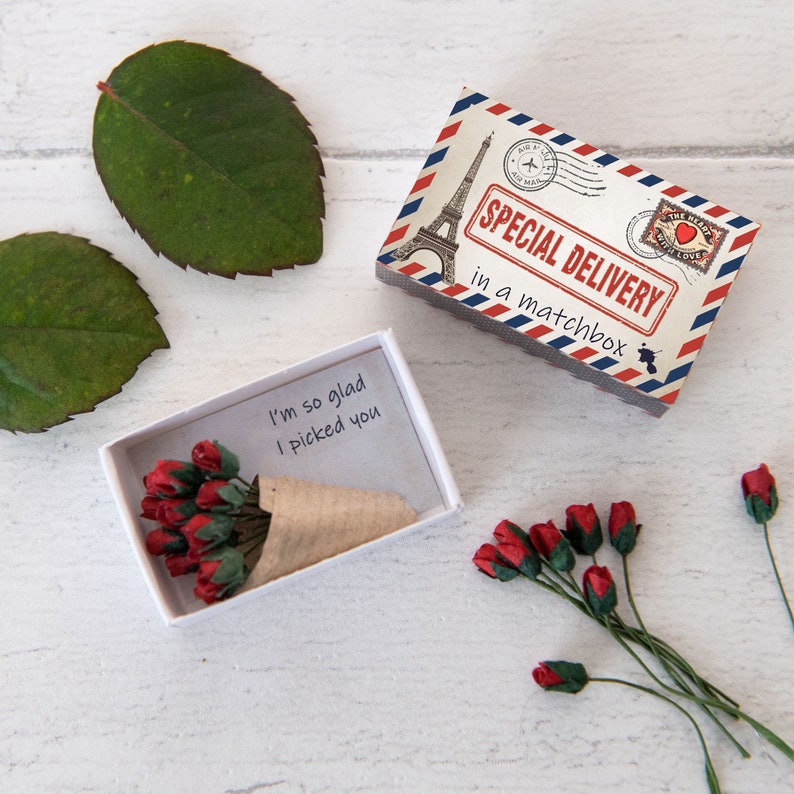 A Dozen Red Paper Roses Miniature Bouquet In A Matchbox, Valentines Gift For Her, Alternative Valentines Card, Love Token, Gift For Partner image 1