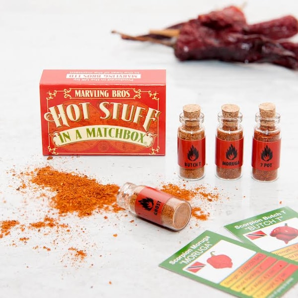 Hot Stuff In A Matchbox, 's werelds heetste chilipoeder, Foodie cadeau, Valentijnsdag cadeau voor hem, cadeau voor vriend