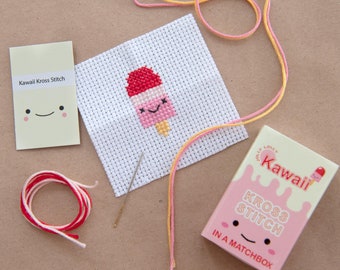 Kawaii Ice Lolly Mini Cross Stitch Kit, Kawaii Cross Stitch Kit, Gifts For Kids, Cute Modern Cross Stitch Kit, Matchbox Gift