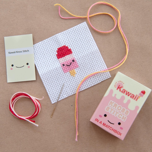 Kawaii Ice Lolly Mini Cross Stitch Kit, Kawaii Cross Stitch Kit, Gifts For Kids, Cute Modern Cross Stitch Kit, Matchbox Gift