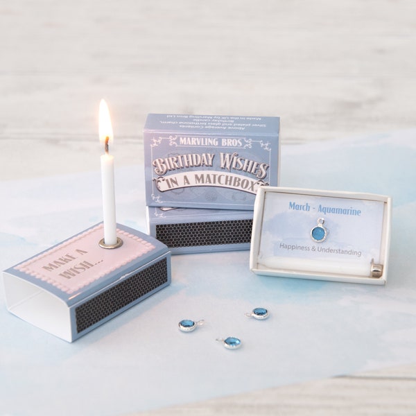Birthstone Gift - March Aquamarine & birthday candle in a matchbox