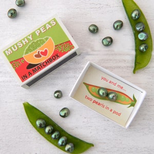 Mushy Peas In A Matchbox, Girlfriend Gift, Wife Gift, Best Friend Gift, Green Freshwater Pearls, Best Friend Card, Peas In A Pod image 1
