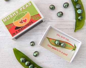 Mushy Peas In A Matchbox, Girlfriend Gift, Wife Gift, Best Friend Gift, Green Freshwater Pearls, Best Friend Card, Peas In A Pod