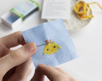 Kawaii Chick Mini Cross Stitch Kit, Best Friend Gift, Easter Gift, Gift For Kids, Kawaii Gift, Gift In A Matchbox