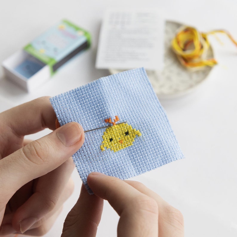 Kawaii Chick Mini Cross Stitch Kit, Best Friend Gift, Easter Gift, Gift For Kids, Kawaii Gift, Gift In A Matchbox image 1