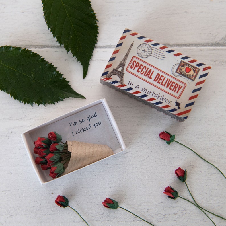 A Dozen Red Paper Roses Miniature Bouquet In A Matchbox, Valentines Gift For Her, Alternative Valentines Card, Love Token, Gift For Partner image 7