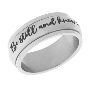 Anillo giratorio inspirador de acero inoxidable para hombres de mujeres - Quédate quieto y sabe que soy Dios Salmo 46:10 Anillo de verso bíblico cristiano religioso