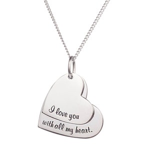 High Polished Stainless Steel Timeless Message &quot;I Love You With All My Heart&quot; Double Heart Shaped Pendant Necklace for Women