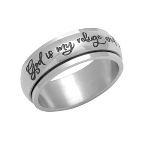 Anillo giratorio de acero inoxidable de 8 mm para mujer. Dios es mi refugio y fortaleza... Anillo religioso cristiano. Joyería de moda