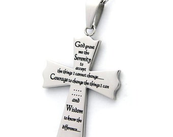 God Grant Me The Serenity to Accept The Things I Cannot Change… The Serenity Prayer Cross Pendant Necklace, Recovery Sobriety Gifts