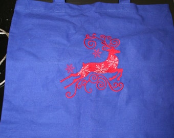 Cotton Totes with Embroidered Reindeer, Santa or Poinsettia *****ON SALE*****