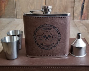 Dark Brown Leather Flask Groomsmen Gift Set with Shot Glasses | 6 oz. Brown Leather Flask Set in Leatherette Box