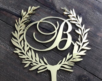 Laurel Wreath Last Name Initial Wedding Cake Topper (fr) Cursive Letter Wedding Cake Topper (fr) Miroir Gold Acrylic Cake Topper