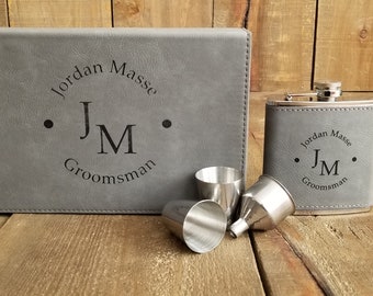 Engraved Grey Leather Flasks | Personalized Leather Flask | Custom Leather Name Flasks | Monogram Flasks | Groomsmen Flasks