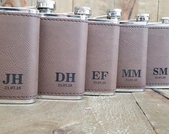 10 Custom Engraved Groomsmen Flask Gift Set Bundle | Personalized Flasks | Brown Leather Flask Gift Set Option