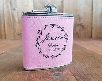 Personalized Bridesmaids Flasks | Pink Leather Engraved Bridesmaids Flasks | Personalized Bridesmaid Flasks | Bridesmaid Gifts