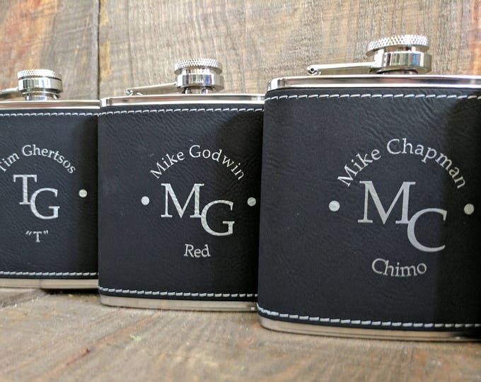 Black Engraved Groomsmen Flasks | Personalized Groomsmen Flasks | Black Leather Flasks | Groomsmen Gifts