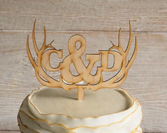 Rustic Antler Wedding Cake Topper | Unique Wedding Cake Topper | Rustic Initials Wedding Cake Topper