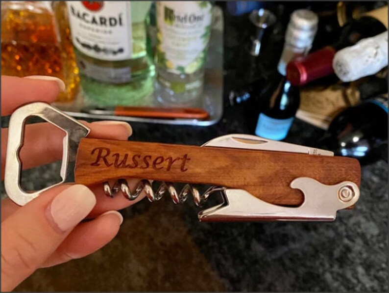 Engraved Wood Personalized Bottle Opener Groomsmen Gifts Custom Corkscrew Custom Bottle Opener Wedding Gift image 2