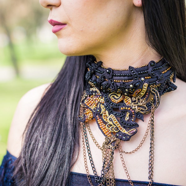 OOAK Unique Handmade Soutache Tribal Breaded Statement Black & Bronze Necklace with Tassel Fiber Art Jewelry  Gift for Her Boho Style Choker
