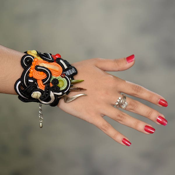 Soutache OOAK Unique Handmade Statement Tribal  Bracelet Multicolor Bracelet Fashion Bracelet Gift for her fiber art jewelry Engagement