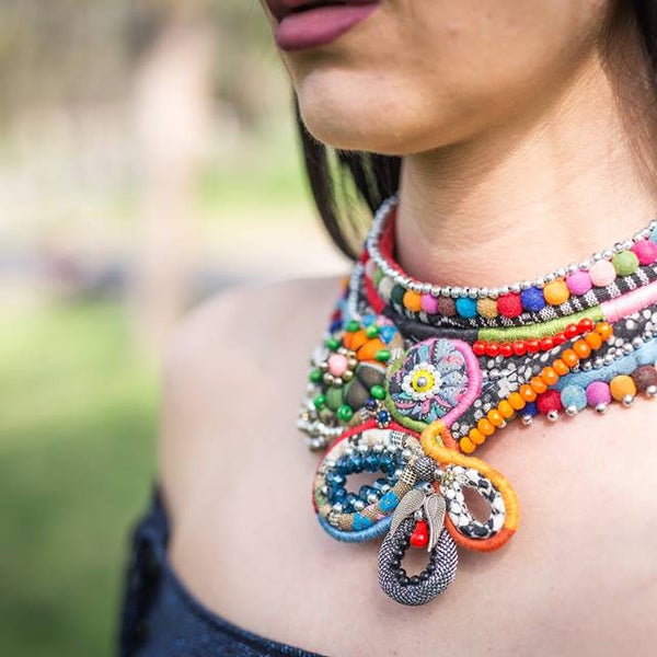 RESERVED Unique Handmade Multicolor Soutache Tribal Breaded Boho African Statement Necklace Best Selling Fiber art jewelry Perfec