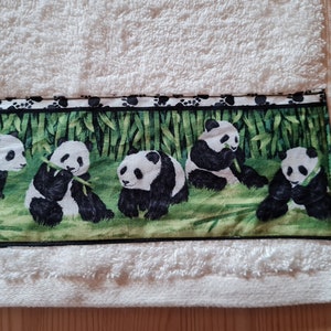 Towel with panda bear border, school, colors green, black, white, cute pander, bamboo, children, sports, adults image 2