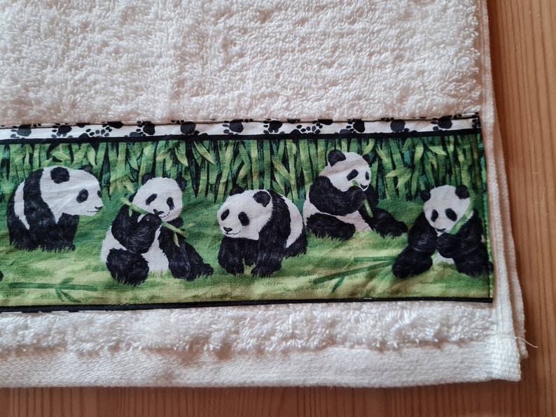 Towel with panda bear border, school, colors green, black, white, cute pander, bamboo, children, sports, adults image 2