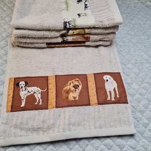 Gästehandtuch mit verschiedenen Hunderassen, Golden Retriever, Dalmatiner, Chau Chau, Kinder, Gästehandtuch Frotee, Gästehandtuch beige