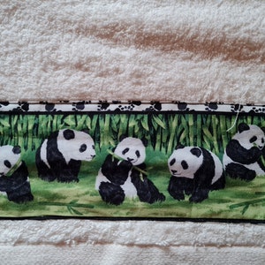 Towel with panda bear border, school, colors green, black, white, cute pander, bamboo, children, sports, adults image 3