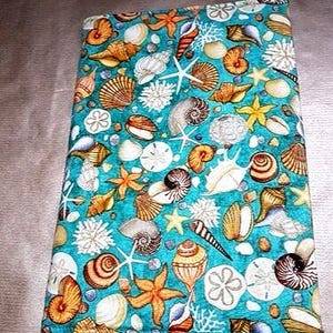 Buchhülle aus Stoff mit Kladde DIN A 5, Muscheln, Maritim, Schule,  Notizbuch, Tagebuch, Kinder und Erwachsene, Rezeptbuch, Ardressbuch