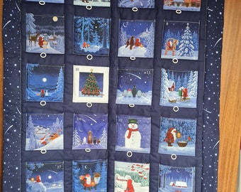 Adventskalender mit Weihnachtsmann , Weihnachtswichtel, Große Taschen zum füllen, Stoff-Adventskalender,Quilt, Kinder, Weihnachtsdeko