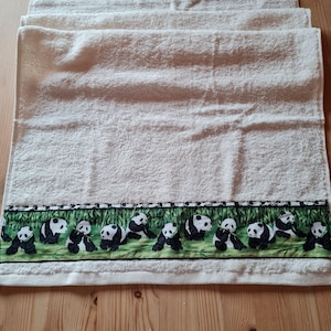 Towel with panda bear border, school, colors green, black, white, cute pander, bamboo, children, sports, adults image 1