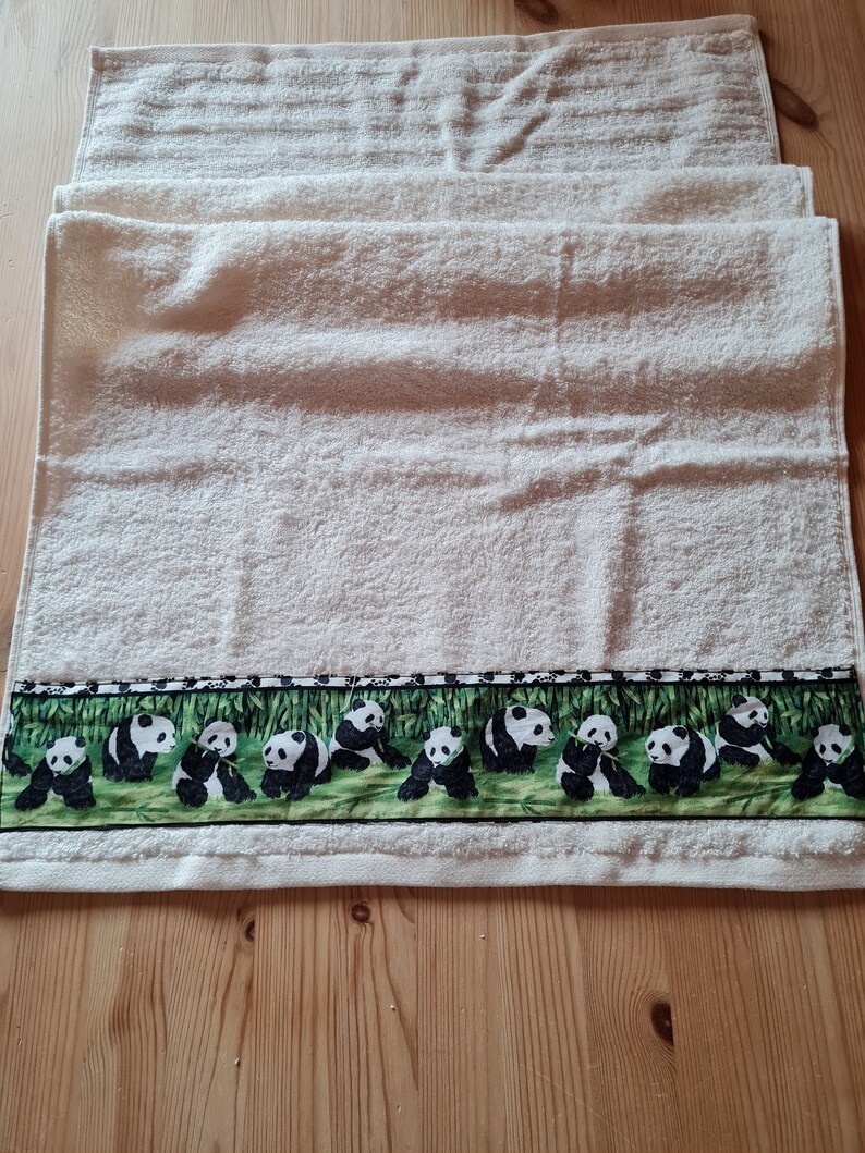 Towel with panda bear border, school, colors green, black, white, cute pander, bamboo, children, sports, adults image 1