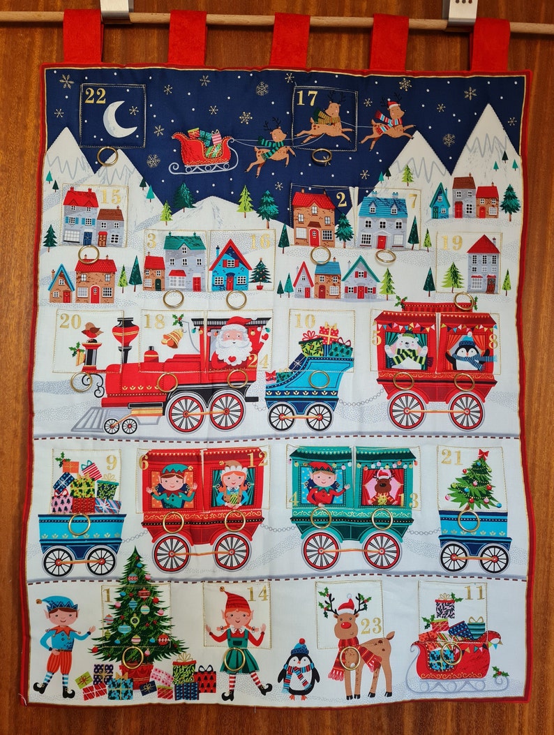 Advent calendar railway, gnomes, fabric advent calendar, children's advent calendar, Christmas quilt, Christmas decoration, bags to fill image 1