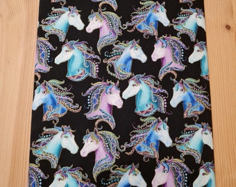 Book cover made of fabric with notebook DIN A 4, horses, funny horses, notebook, diary, recipe book, children, school, address book, adults