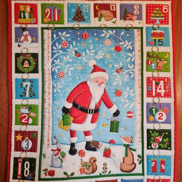 Adventskalender mit Weihnachtsmann und Waldtiere, Stoff-Adventskalender, Adventskalender, Weihnachts Deko,