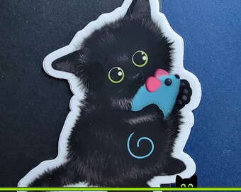 Cute Black Cat Sticker | Cute Kitty Holding Catnip Mouse, Original Art, Water Resistant Vinyl Decal