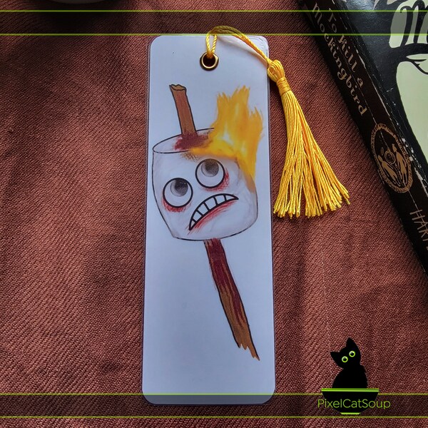 Laminated Bookmark with Tassel: Anxious Burning Marshmallow on a Stick