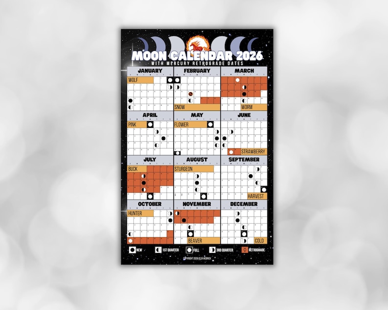 2026 Printable Lunar Calendar With Mercury Retrograde Dates and Moon ...