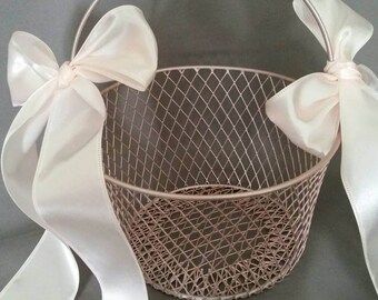 Blush Pink Flower girl basket, pink basket, customize your ribbon color