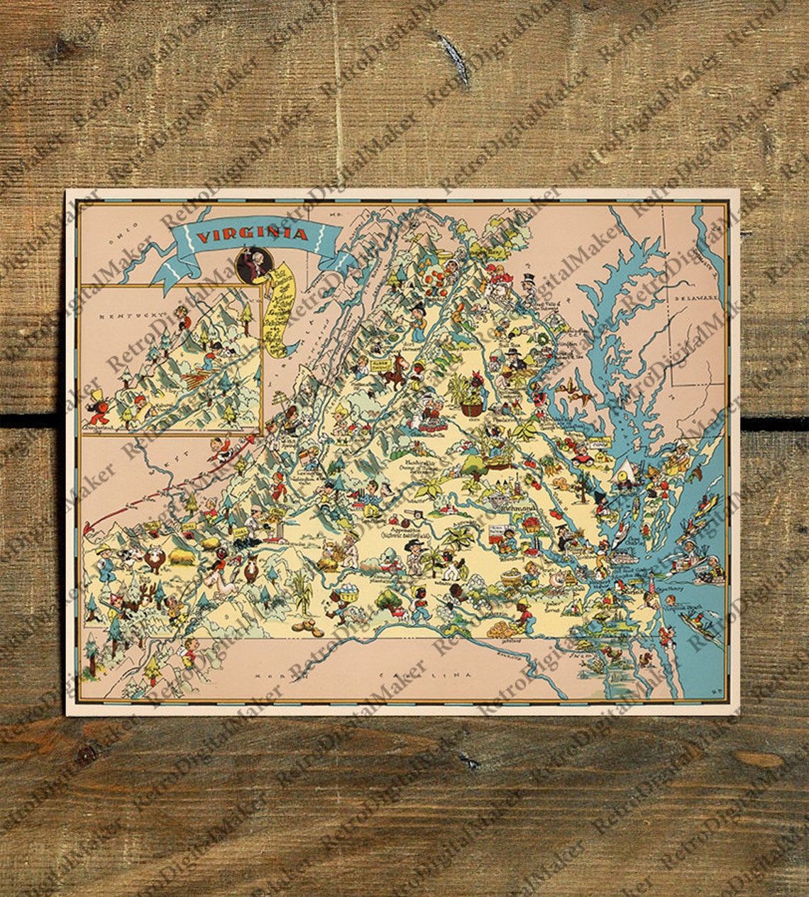 Virginia VA Vintage Whimsical 1930s' Map Restoration | Etsy